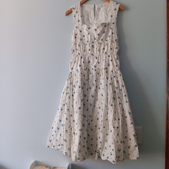 Avec Les Filles Blue Floral Smocked Waist Square Neck Midi Dress XS - Picture 2 of 7